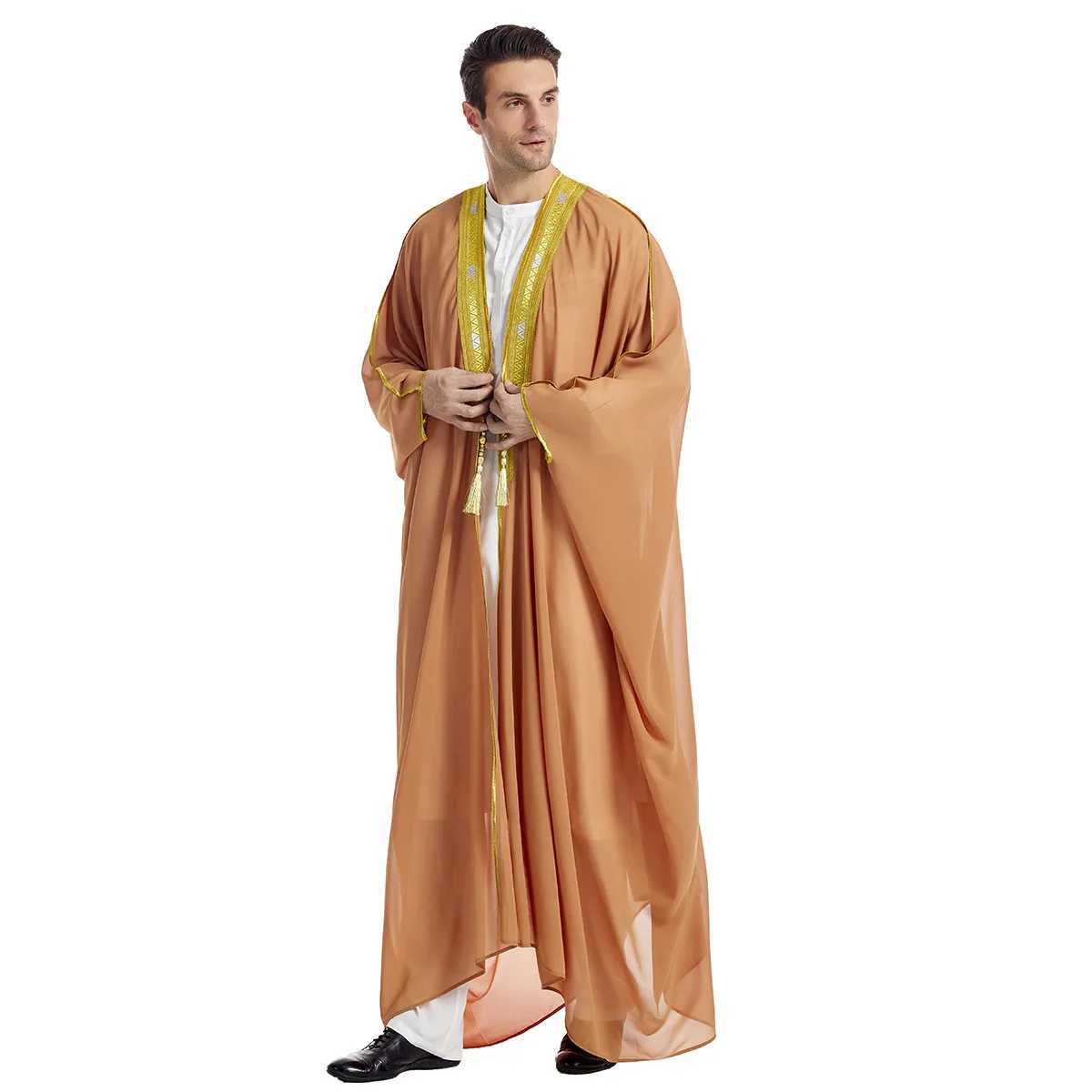 Muslim Open Abayas for Men White Black Robe Chiffon Soft Fabric Luxury Long Sleeve Moroccan Arab Clothing Elegant Thobe X250514