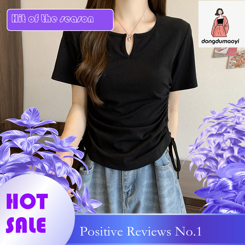 dongdumaoyi Design sense drawstring slim fit short sleeved T-shirt with exposed waist and spicy style women's clothing 2025 summer new sweet shou