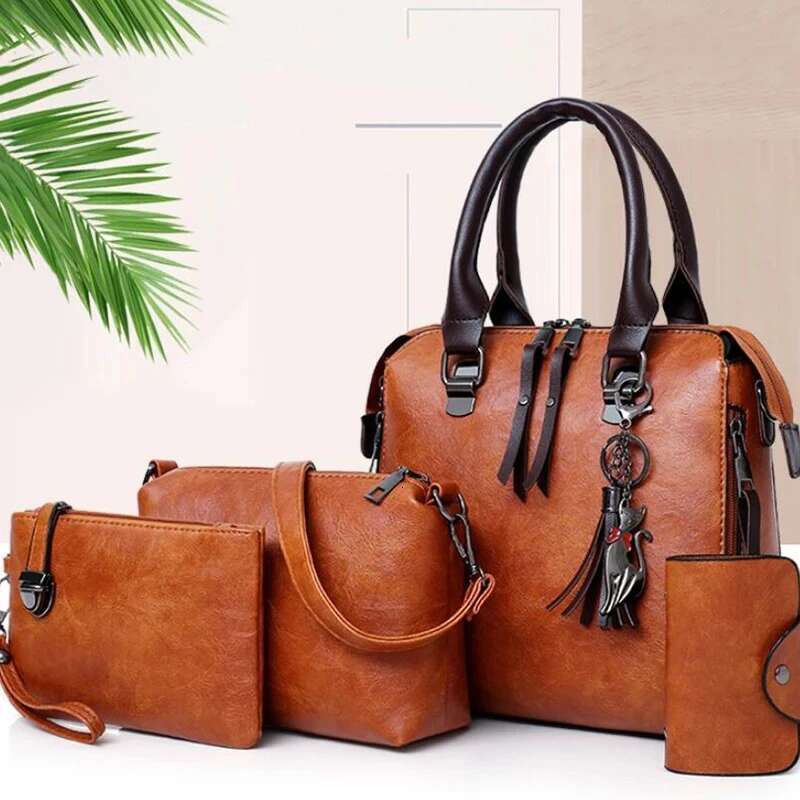 Women Composite Tassel Leather Purse Handbags Famous Brands Designer Top-Handle Female Shoulder Bag 4Pcs/Set