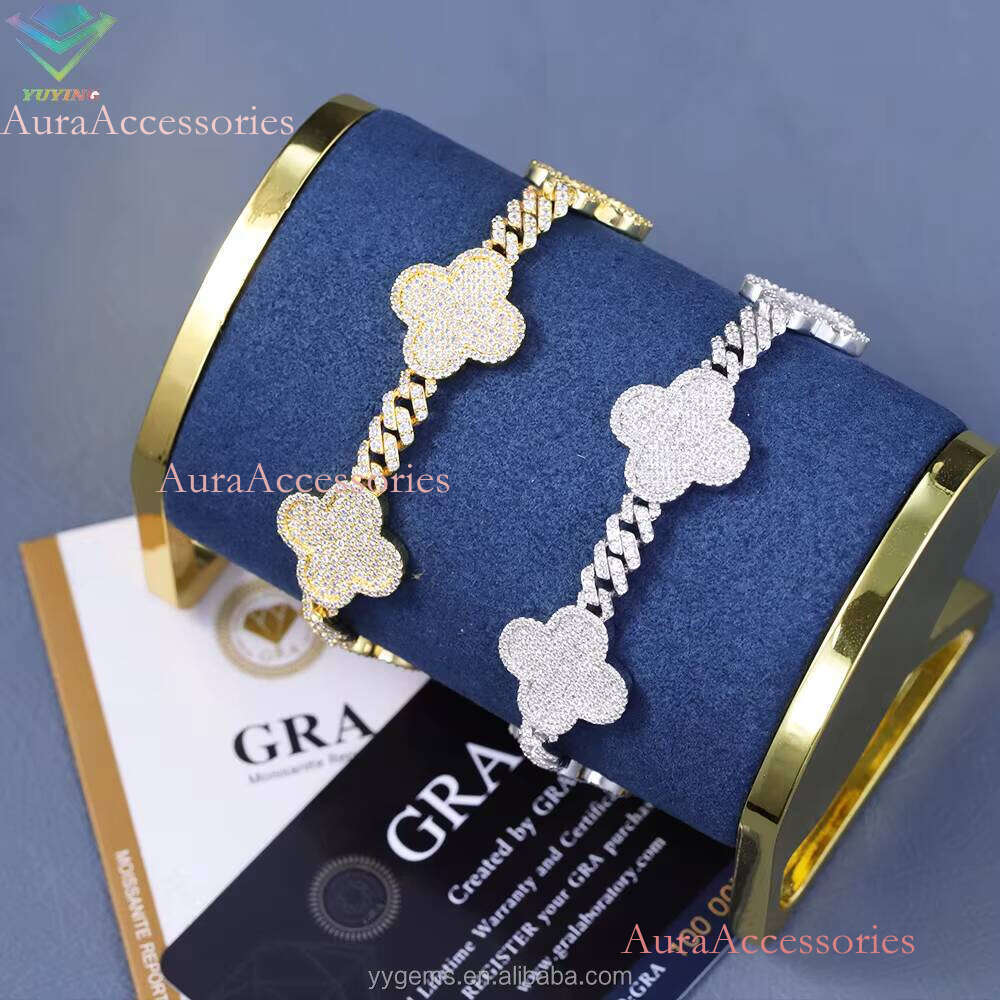 Sier & Gold Plated Clovers Dia Moissanite Bracelet New Design Cuban Link Chain for Men and Women Hip-Hop Style