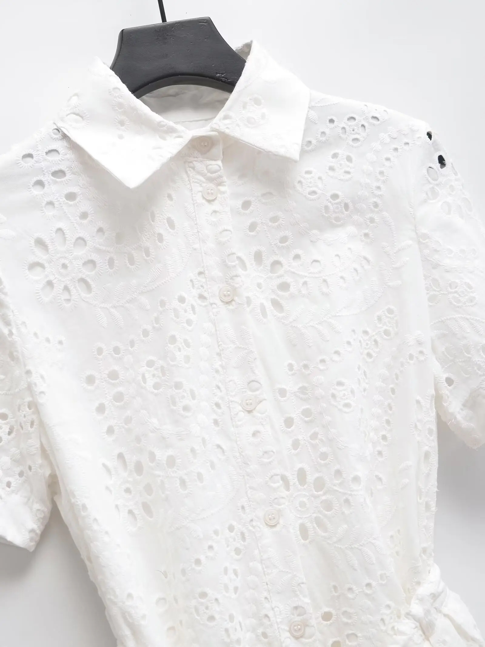 European and American style summer with belt y shortsleeved white dress 250514
