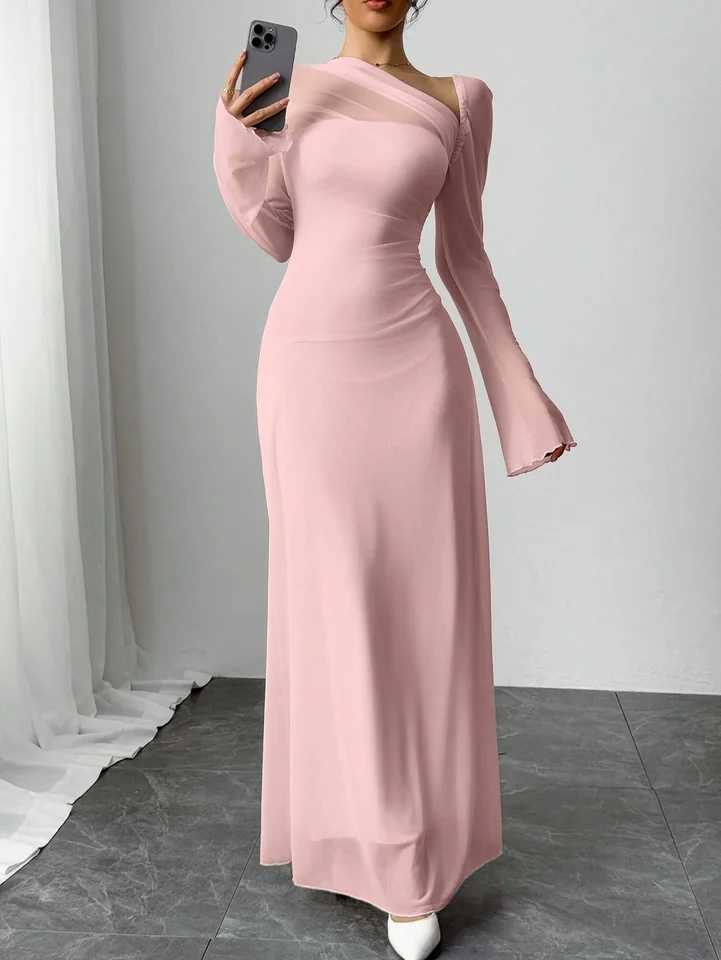 New spring/summer womens pink tulle explosion slim irregular diagonal shoulder ultra long dressXJ250514