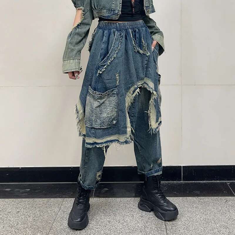 Getspring Women Jeans 2025 Spring Autumn Elastic Waisted Pocket Harem Pants Fashion Loose Casual Long Denim Trousers