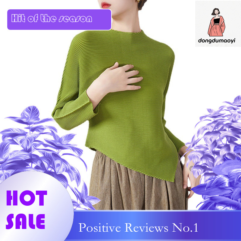dongdumaoyi Miyake long sleeved t-shirt for women in spring autumn, irregular hem with pleated base, stylish and unique top