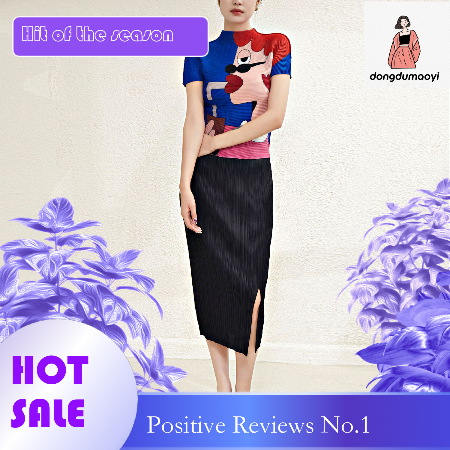 dongdumaoyi Miyake printed short sleeved T-shirt for women's summer 2024, new pleated design, slim fit bottom shirt, top