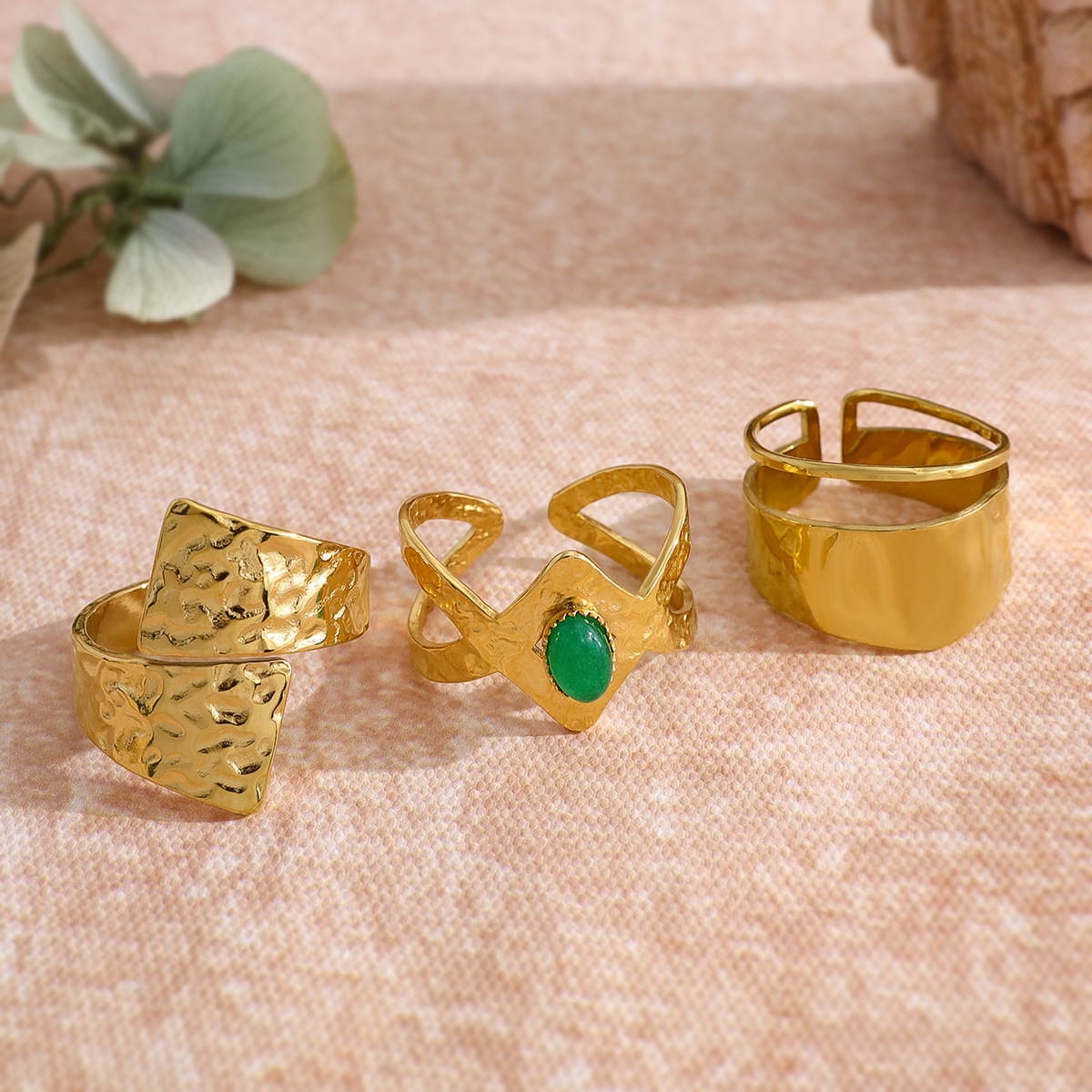 New 18K Gold Titanium Ring for Women, High-End INS Style, Hammered Texture with Natural Stone, Adjustable, Non-Fading