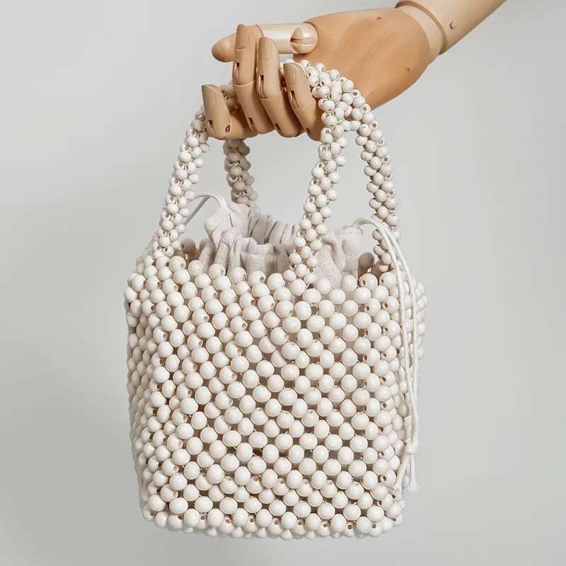 Designer Bag 2025 Vintage Women Japanese Fashion Wood Beads Bucket Tote Beige Wooden Beaded Ladies Designer Handbag Luxury Bag
