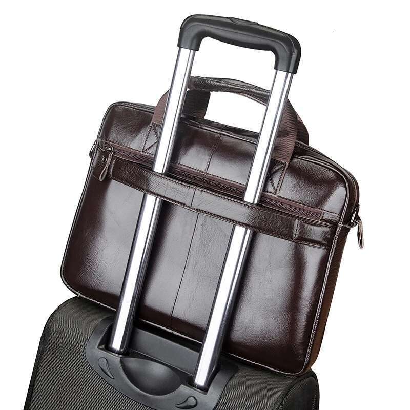 Genuine leather men's briefcase with double front pockets, large capacity computer bag, diagonal cross handbag