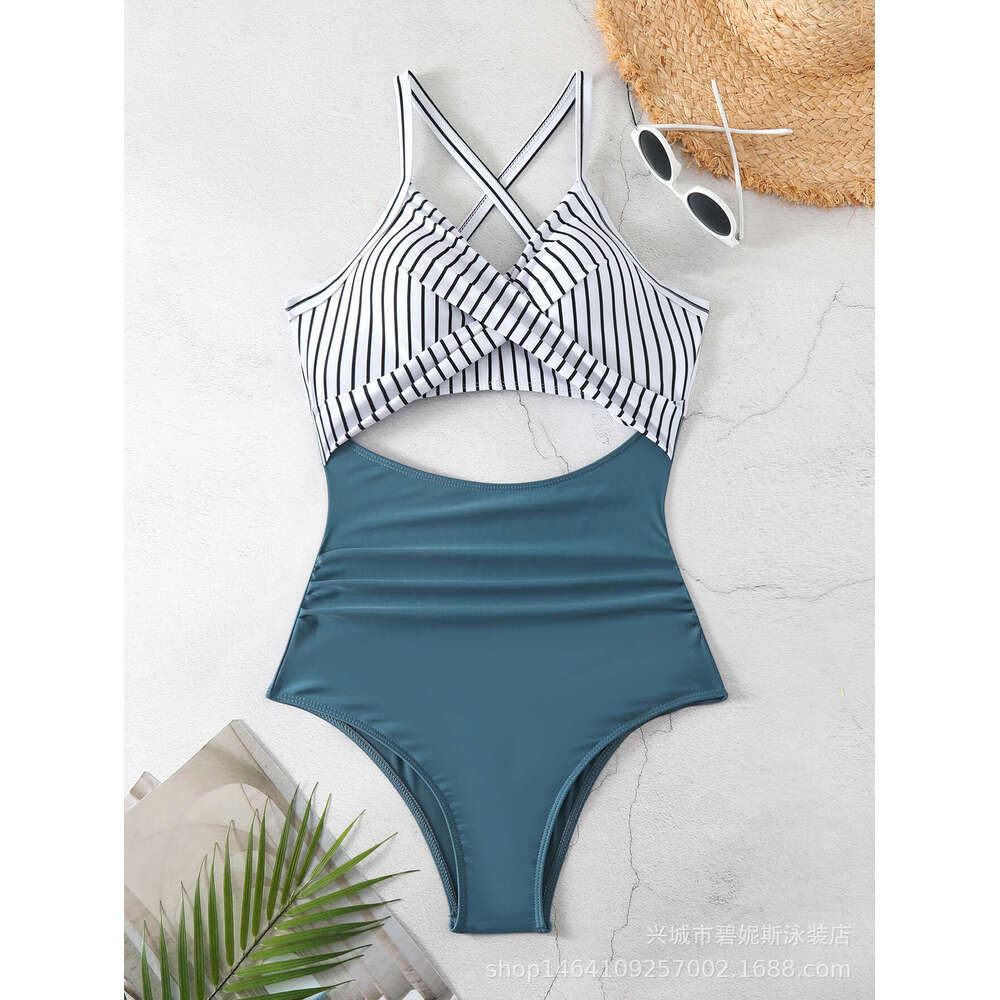 European American one-piece female sexy hollow cross color swimsuit backless tight strap 2025 new style chic and elegant clothing