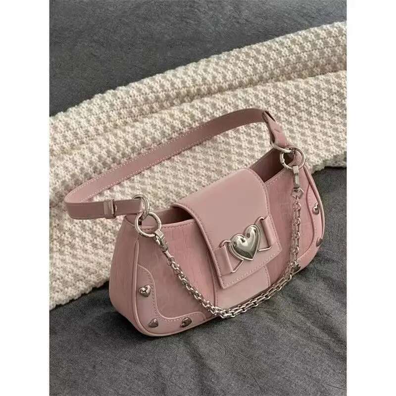 JIAERDI Hot Grils Y2k Handbag Women Vintage Sweet Cool Heart Chain Pink Underarm Female Fairycore Aesthetic Shoulder Bag New