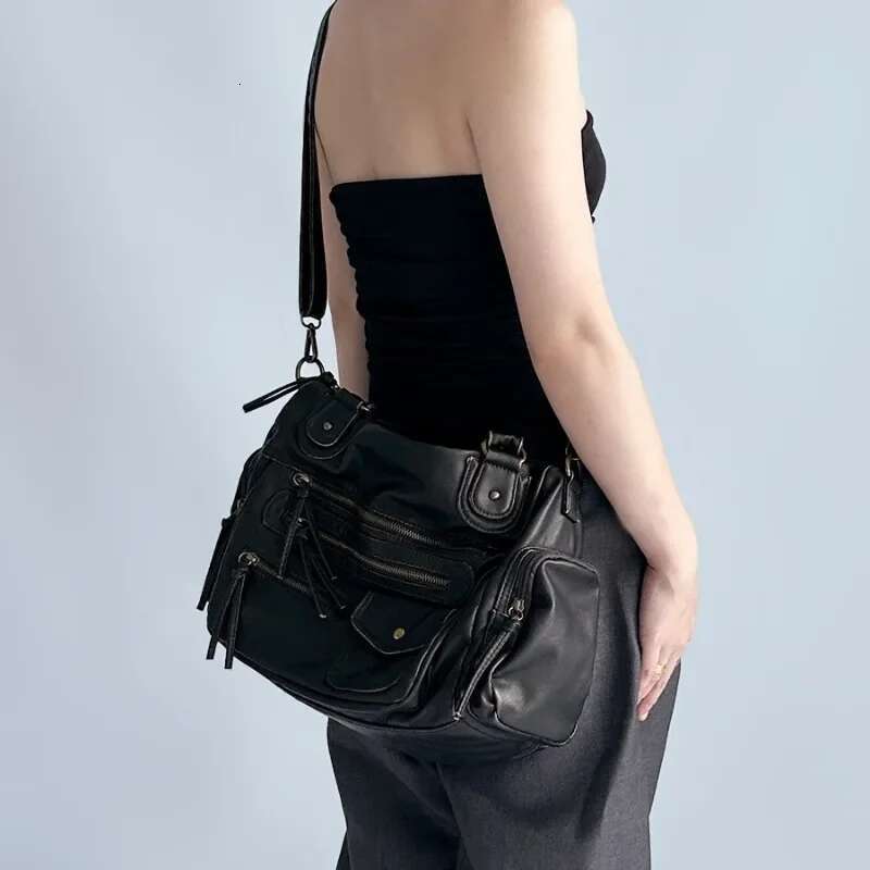 Women's fashion retro old motorcycle large capacity washed Y2K hot girl shoulder messenger bag