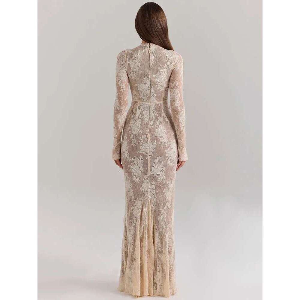 Mozision Lace Print Sleeve Sexy Maxi For Women White Zipper Half High Collar Bodycon Fashion Elegant Long Dress