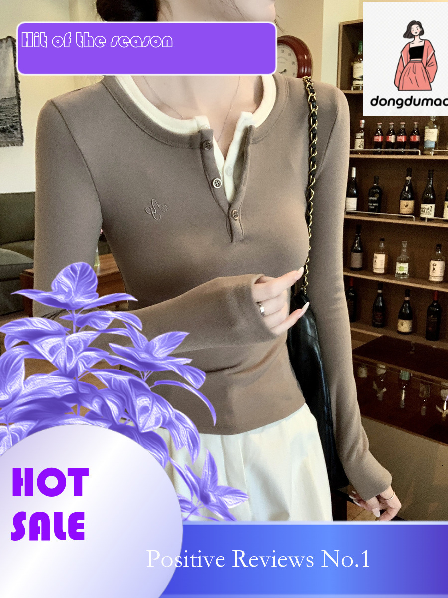 dongdumaoyi 2025 Early Spring Design Sensation Fake Two piece Long Sleeve T-shirt for Women's New Style, Interior Fit and Slimming Bottom Shirt, 