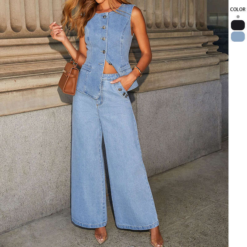 New American Solid Color Loose and Fashionable Long Sleeved Denim Suit Style Wide Leg Pants Washable High Elasticity Ventilation Solid Fashion New Arr
