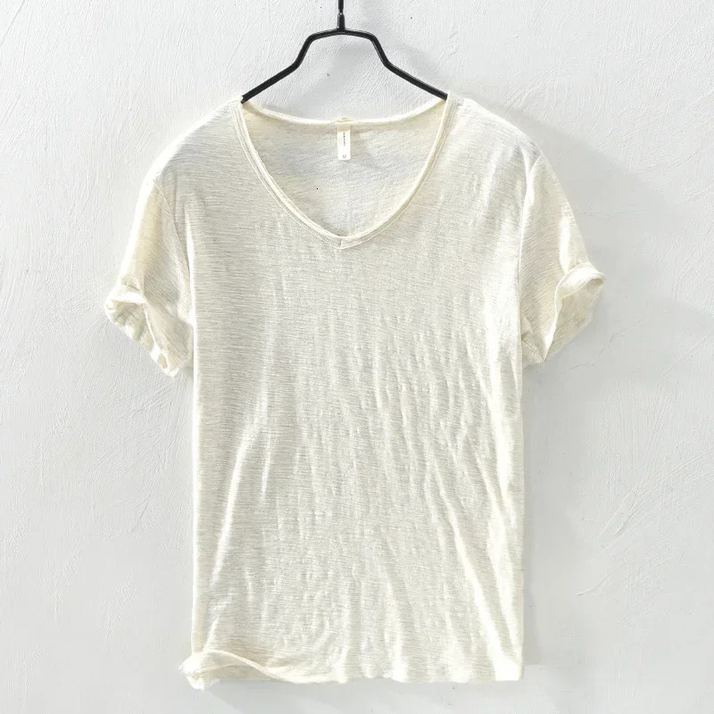 Summer 100% Cotton T-shirt Men V-neck Solid Color Casual T Shirt Basic Tees Plus Size Short Sleeve Tops Y2449 250513