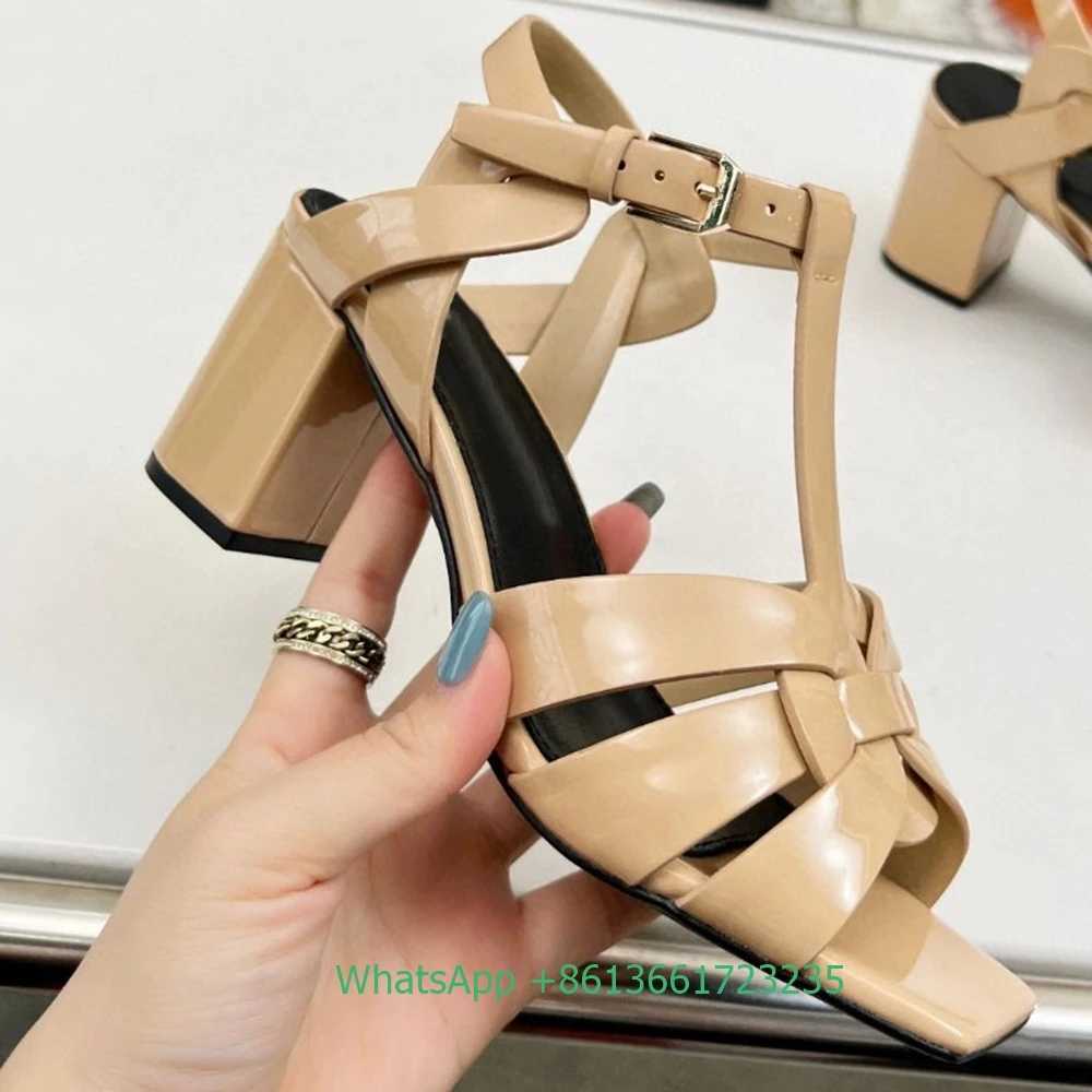 Cross Straps Square Toe Chunky Heel Sandals Solid Color Open Toe Real Patent Leather 6.5Cm Heels 2025 Newest Summer Sandals W250514