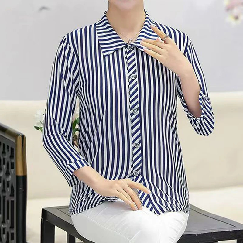 Plus Size Seethrough Striped Single Breasted Top Shirt And Blouse Women Clothes Three Quarter Sleeved Fashion Thin Casual Trend 250514