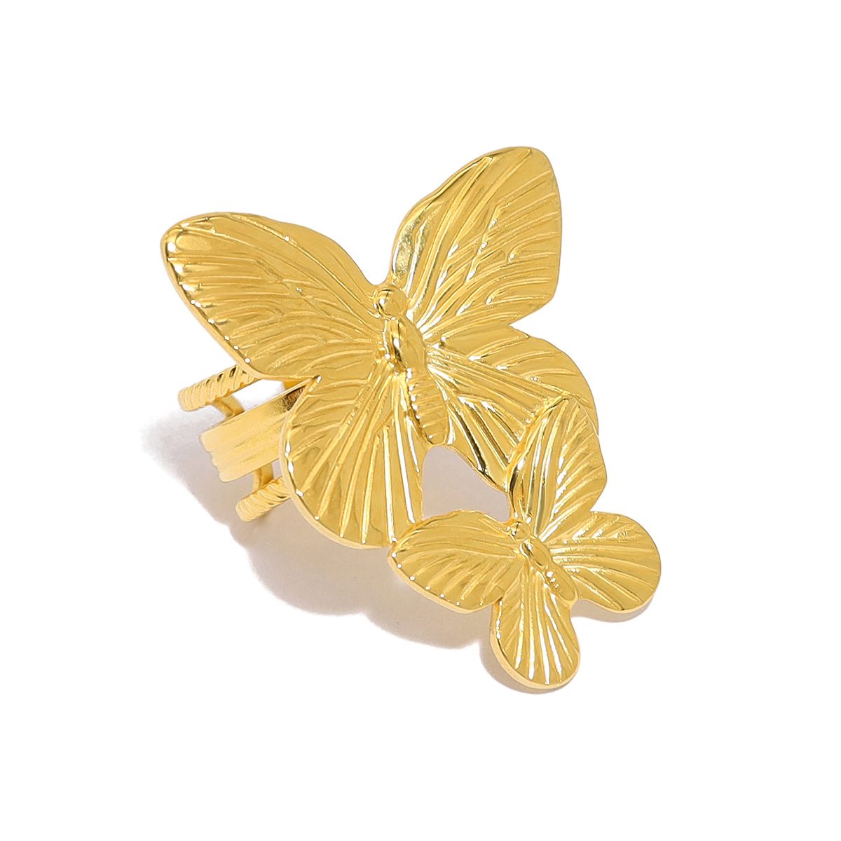 Exaggerated Butterfly Design Ring - Unique Double-layer Textured Stainless Steel Ring with PVD 18K Gold Plating for Women