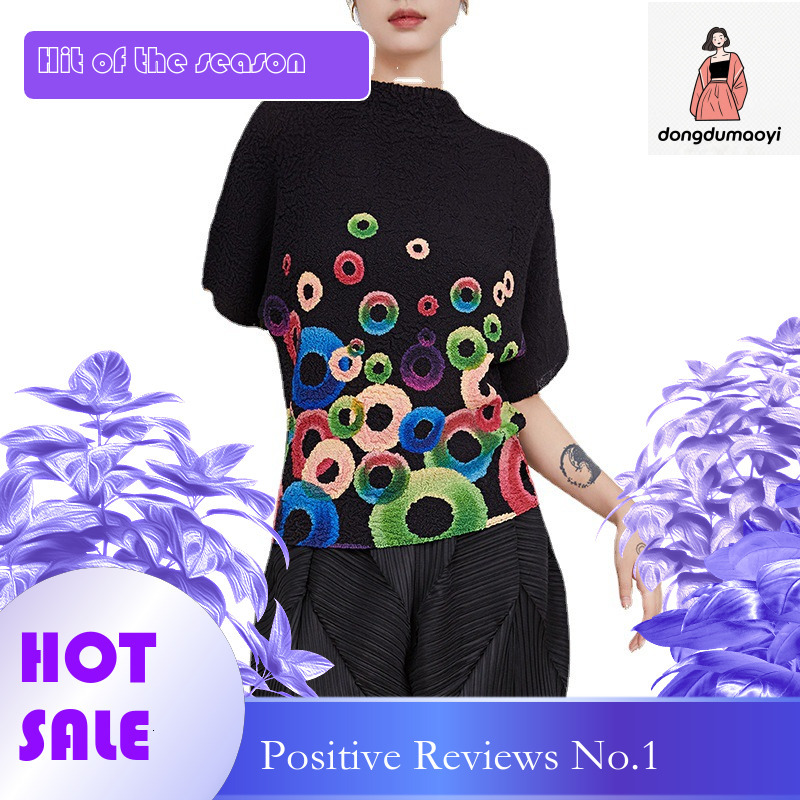 dongdumaoyi Miyake top women's summer pleated thin loose slimming plus size design rendering printed semi high neck short sleeved T-shirt