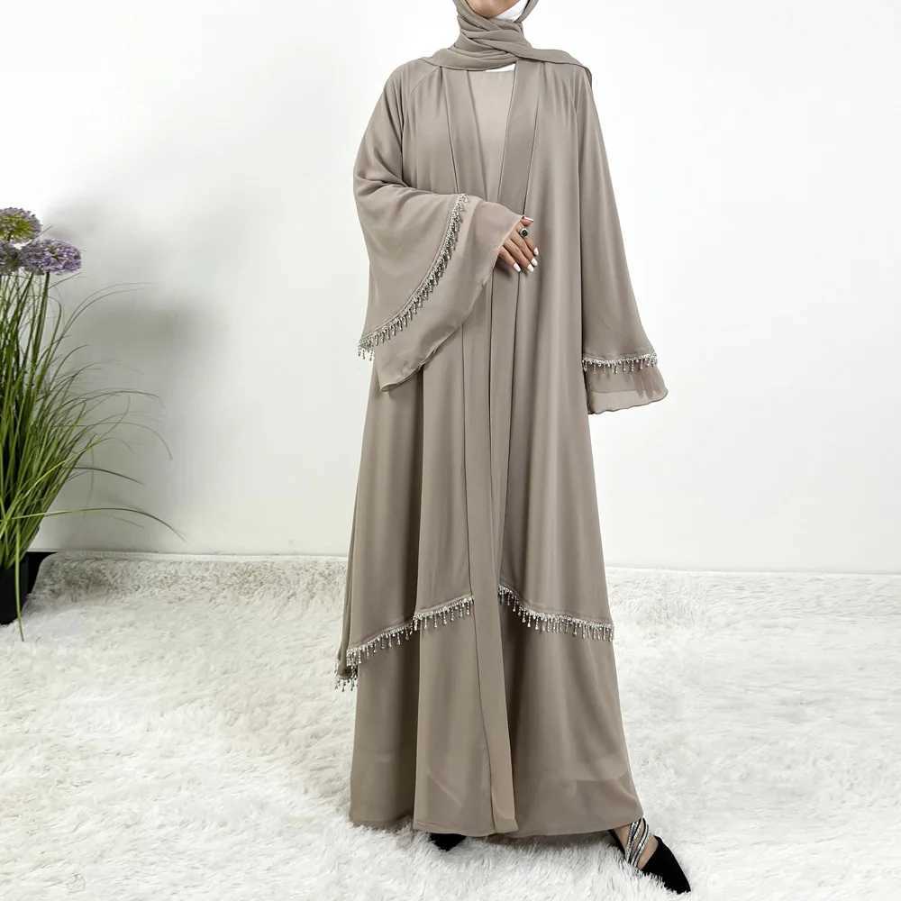 Muslim Women Chiffon Kimono Open Abaya Maxi Dress 2 Piece Matching Set Dubai Kaftan Ramadan Islam Clothing Ka Jalabiya Robe X250514