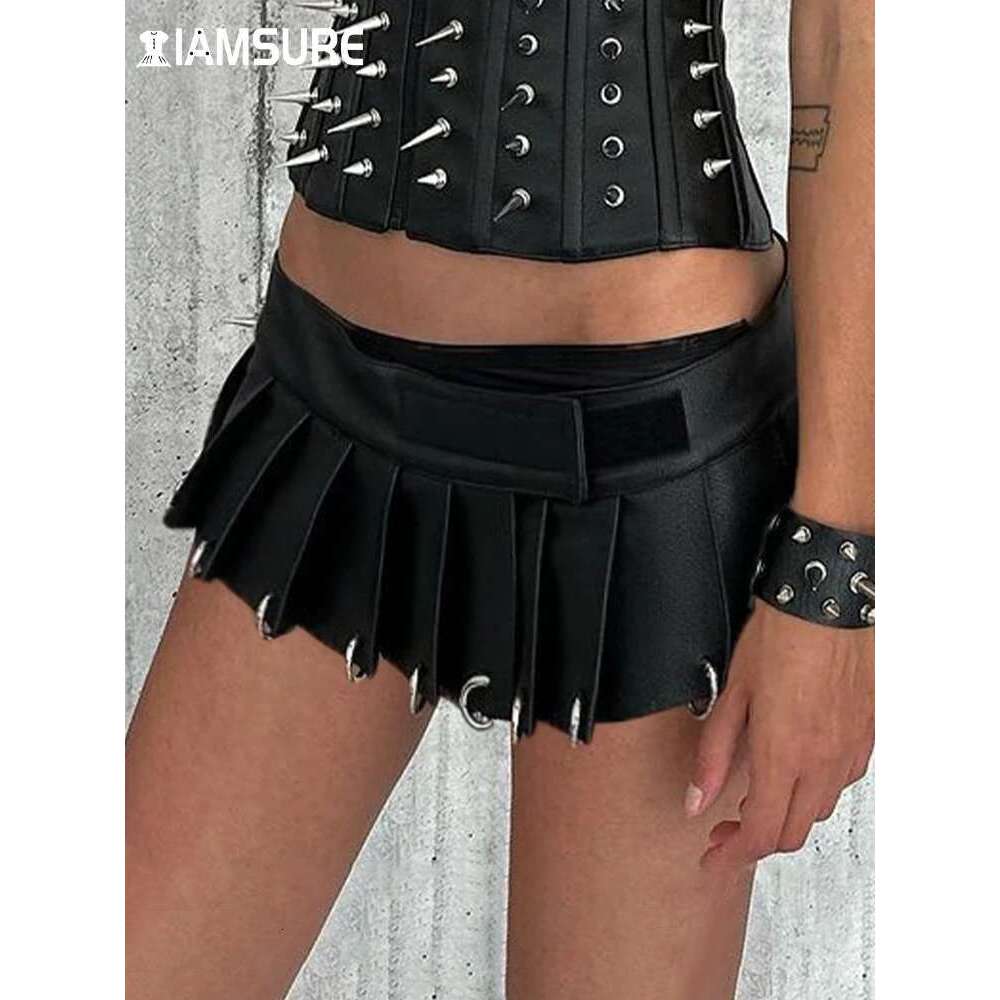 IAMSURE Gothic Solid Pu Leather A-Line Skirt Dark Casual Low-Waisted Super Mini Skirts Women 2023 Autumn Winter Streetwear Lady