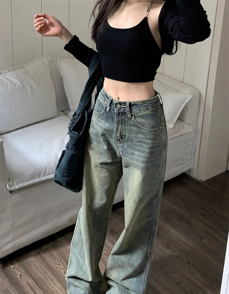Retro Washed Vintage Jeans For Women In Autumn And Winter High Waisted Straight Leg Loose Wide Leg Pants Casual Pants 250513