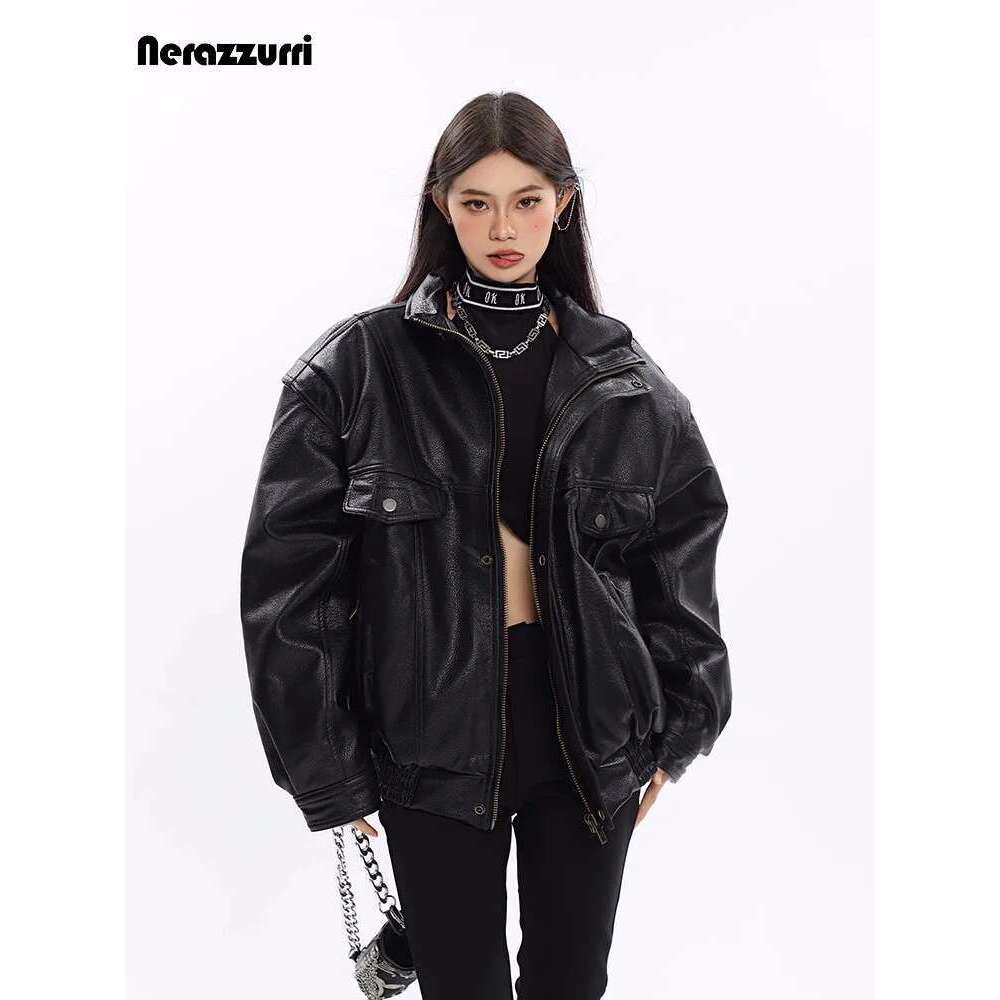 Nerazzurri Spring Autumn Oversized Cool Windproof Thick Black Pu Leather Jacket Women Zip Up Designer Unisex Clothes 2023 Designer Designer