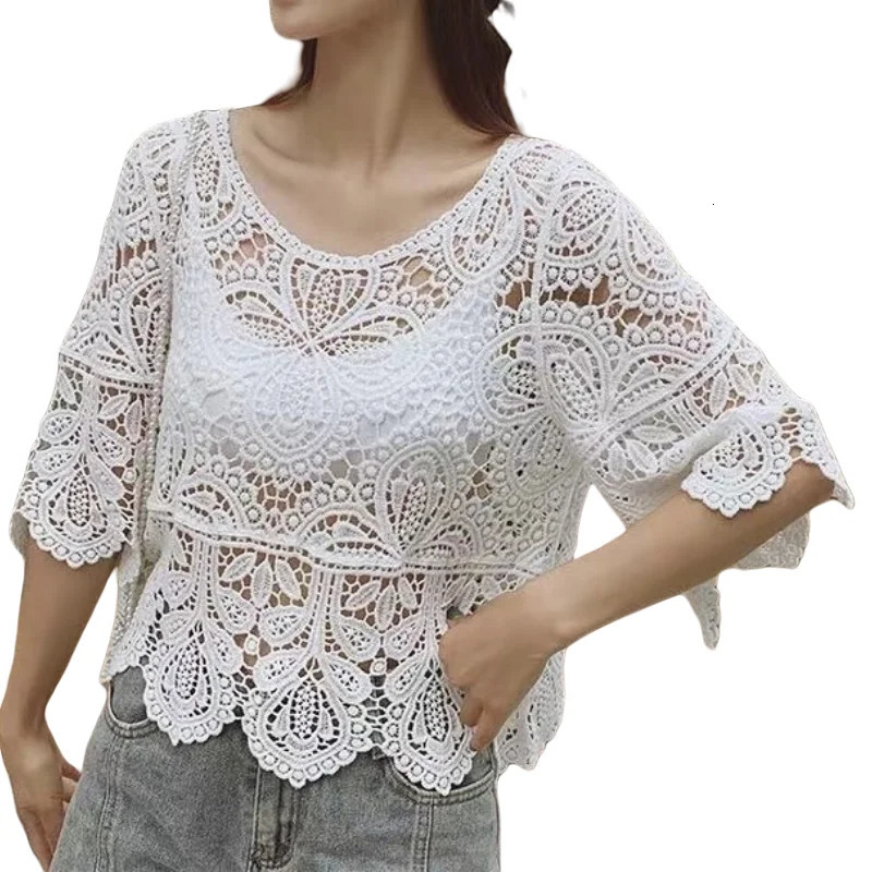REALEFT Summer Vintage Lace Crochet Womens Blouses Half Sleeve Oneck Hollow Out Loose Shirts Short Tops for 250514