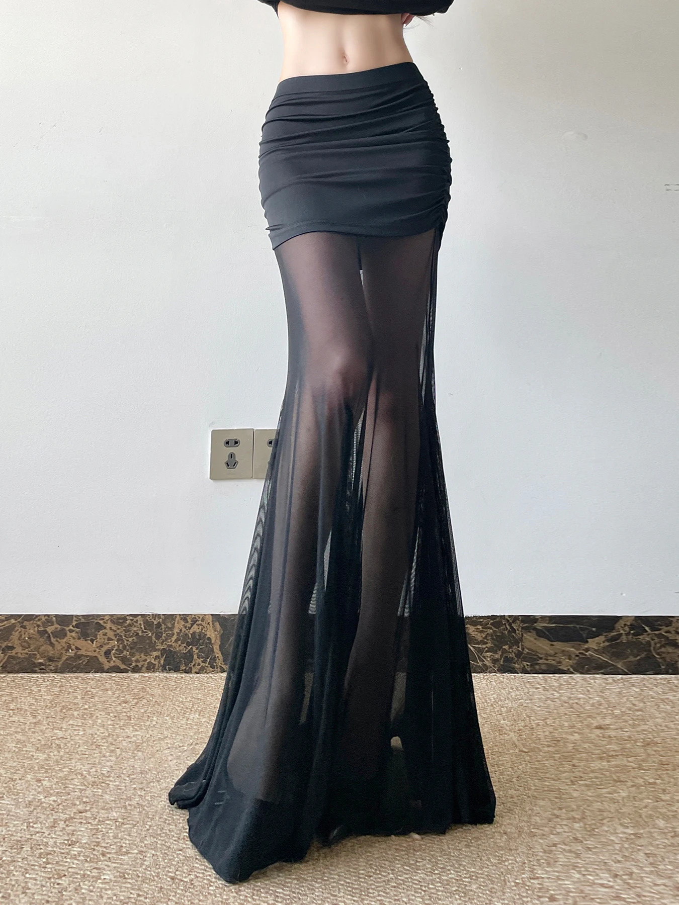 Cuteandpsycho Vintage Sexy Solid Mesh Skirts Low Waisted Y2K Aesthetic Korean Outfits Clubwear Long Black Knitted Womens Bottom 250514