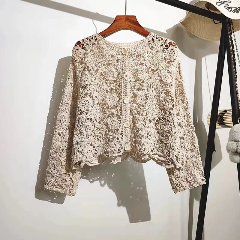 Long Sleeve Crochet Knit Top Beach Bikini Cover Up Buttonup Cardigan Blouse Women blusas para mujer Vacation Boho Outfit 250514