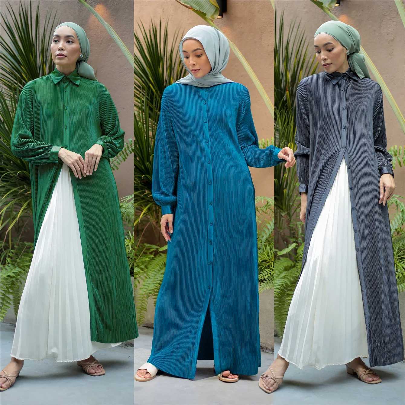 Women Pleated Maxi Dress Eid Mubarak Djellaba Fashion Buttons Abaya Dubai Turkey Kaftan Islamic Clothing Arabic Robe Jalabiya X250514