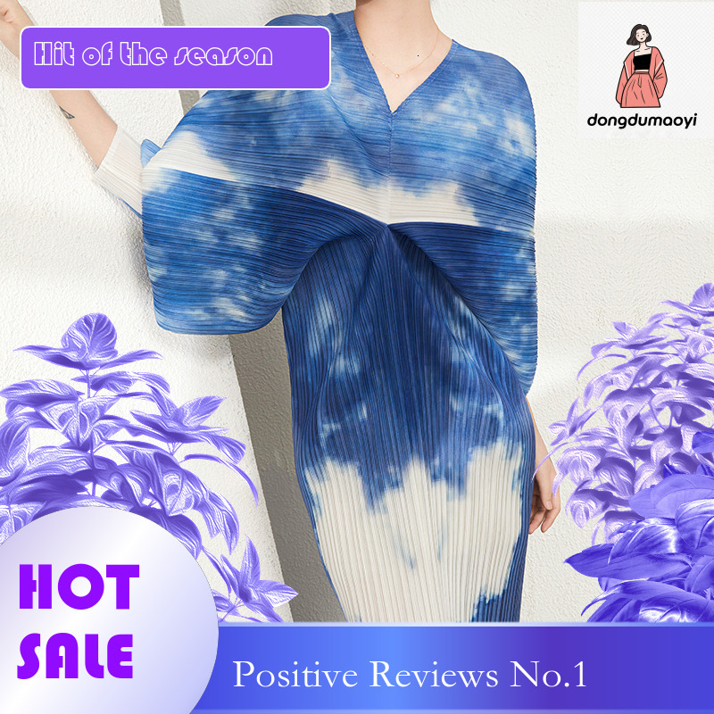 dongdumaoyi new autumn French tie dye printed batball sleeve V neck with high end irregular dress for women