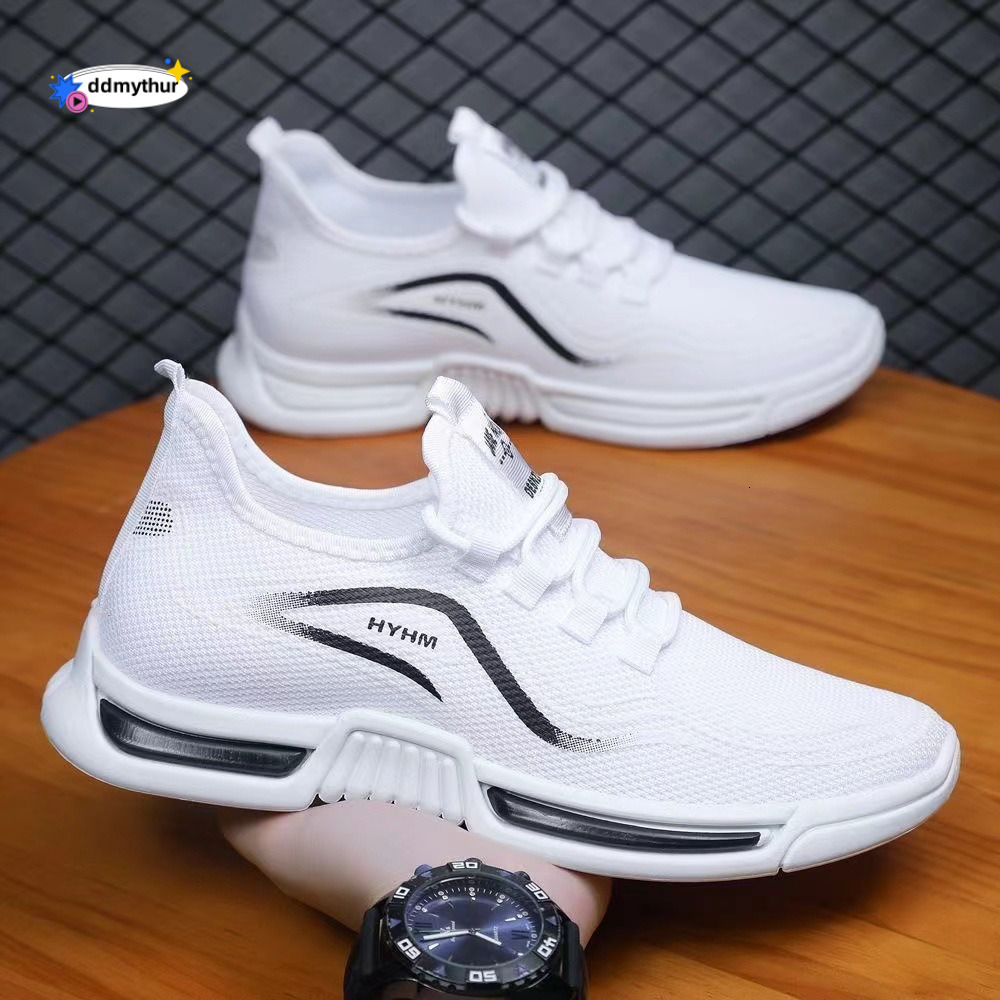 Men's summer new sports anti slip casual running shoes, fly woven breathable and comfortable white shoes ddmythur