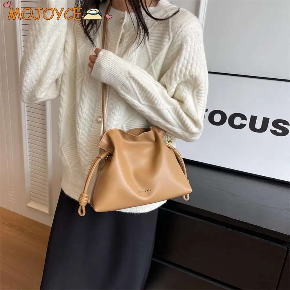 Soft PU Leather Female Small Shoulder Pleated Cloud With Drawstring Solid Bucket Ladies Simple Chic Hobo Bag Satchel