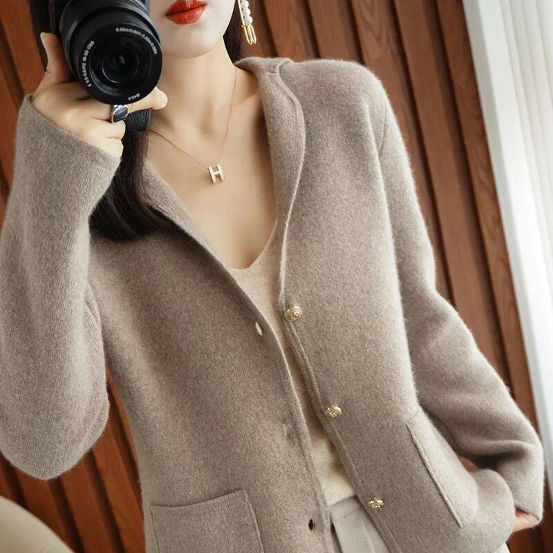 Autumn And Winter New 100 Pure Wool Knitted Cardigan Ladies Lapel Sweater Solid Color Long-Sleeved Jacket Cashmere Casual Top