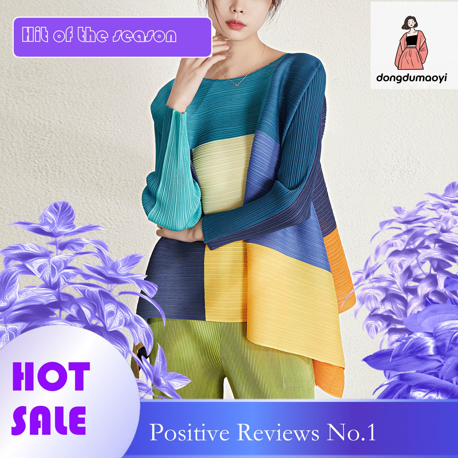 dongdumaoyi Women's long sleeved round neck women's Miyake style loose T-shirt, pleated checkered top