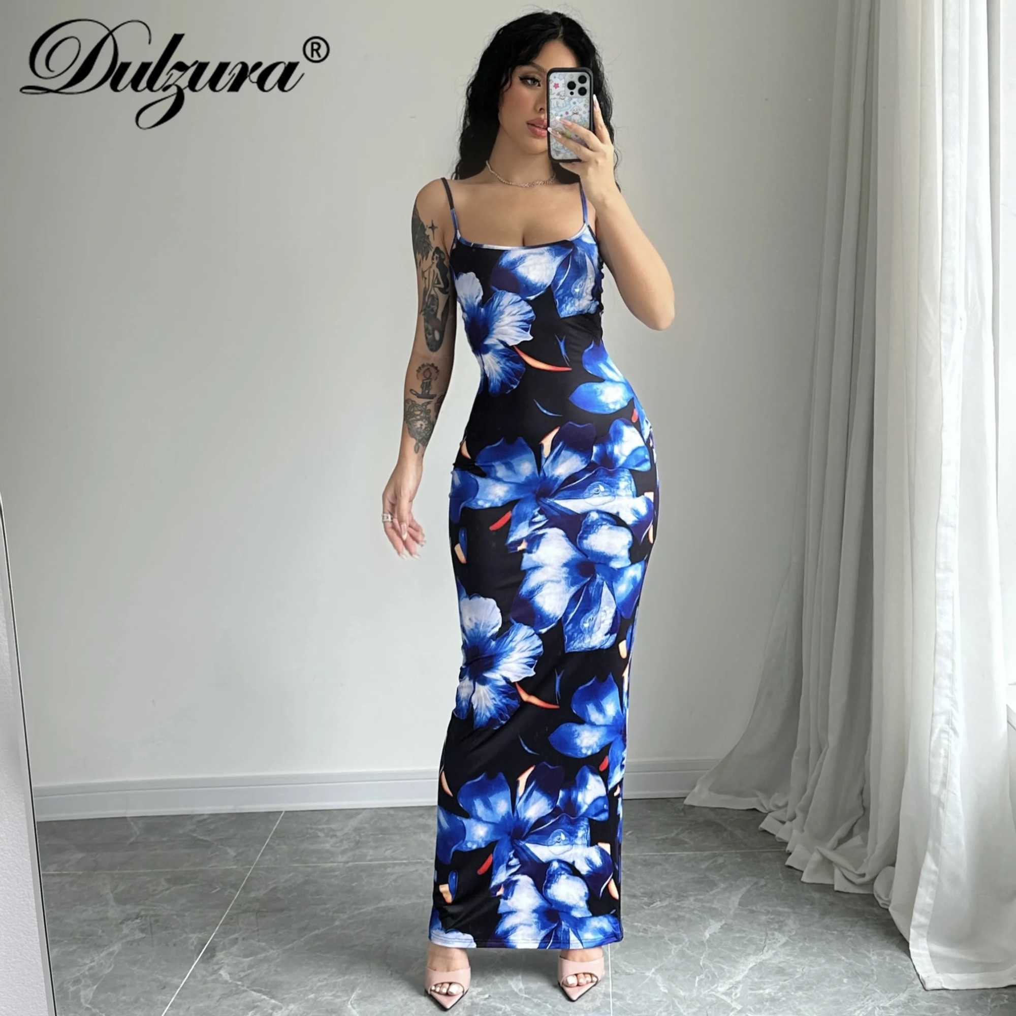 Dulzura Sleeveless Flower Print Slim Cami Maxi Dress Womens Sexy Vintage Long Dress Party Club Vacation Spring Summer OutfitXJ250514