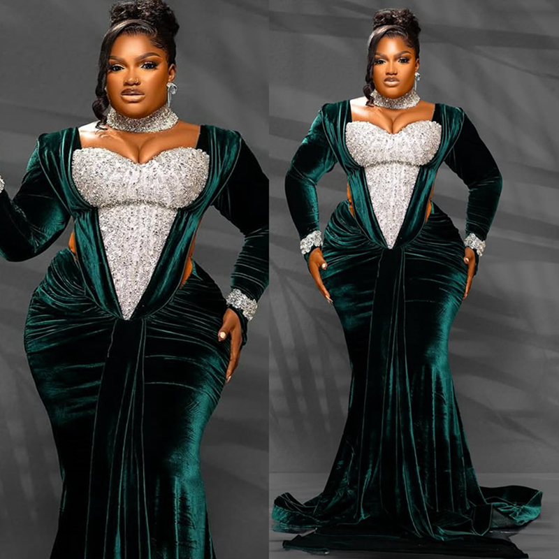 2025 Aso Ebi Plus Size Prom Dress Mermaid Prom Dresses Evening Formal Gowns High Neck Illusion Velvet Birthday Dress Second Reception Gowns For Black 