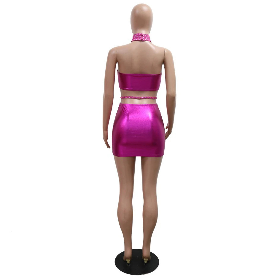 Sexy Two Pieces Skirt Sets for Woman Blouse O Neck Diamond Mini Skirts Sheath Package Hips Elegant Evening Night Club 250514