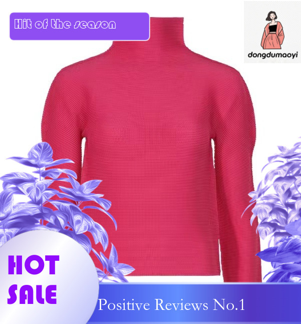 dongdumaoyi Miyake Me series pleated semi high neck long sleeved top T-shirt spring, slim fit and slimming, solid color base shirt for women