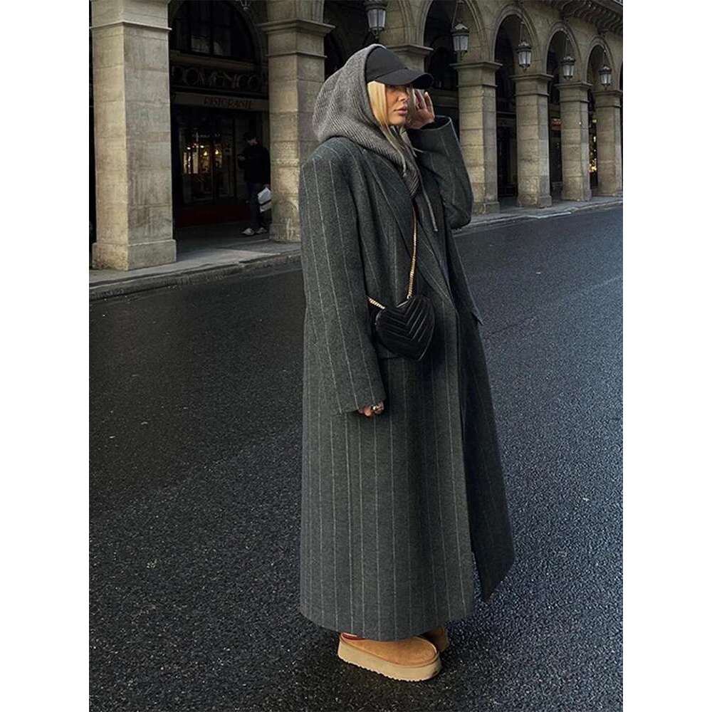 Vintage Women Stripe Woolen Overcoats Fashion Lapel Sleeves Oversized Long Coats 2025 Autumn Winter Lady Commute Jacket