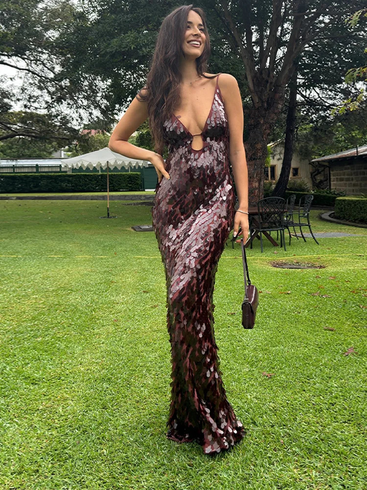 Droplet Sequined Slip Dragging Dress Women Sexy Deep V Sleeveless Backless Bodycon Party Evening Dresses Chic Ladies Gown Robes 250514