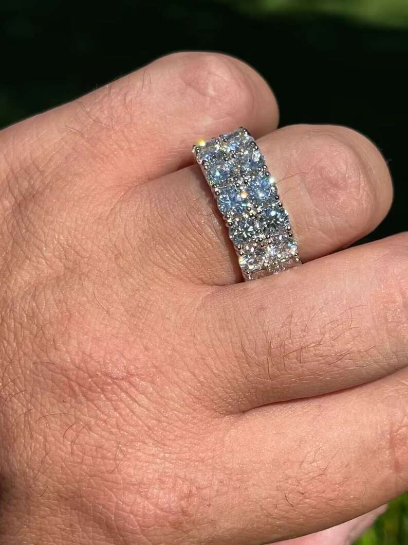 Pass Diamond Tester 10mm Wide 2 Rows VVS Diamond Mens Womens Solid 925 Sterling Silver Hip Hop Iced Tennis MOISSANITE Ring