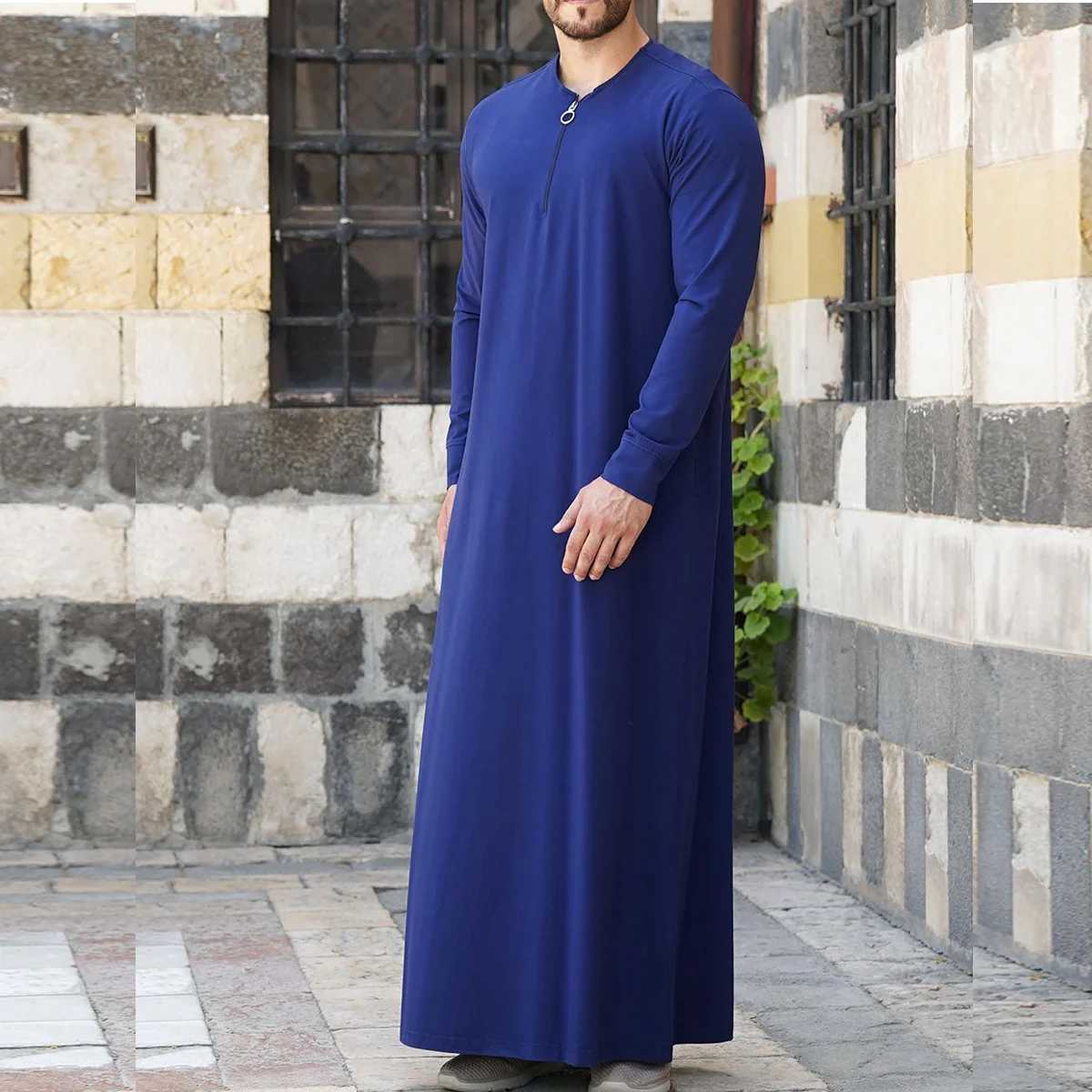 Mens Loose Islamic Kaftan Robe Long Sleeve Solid Color Casual Arab National Style Simple Muslim Clothing X250514
