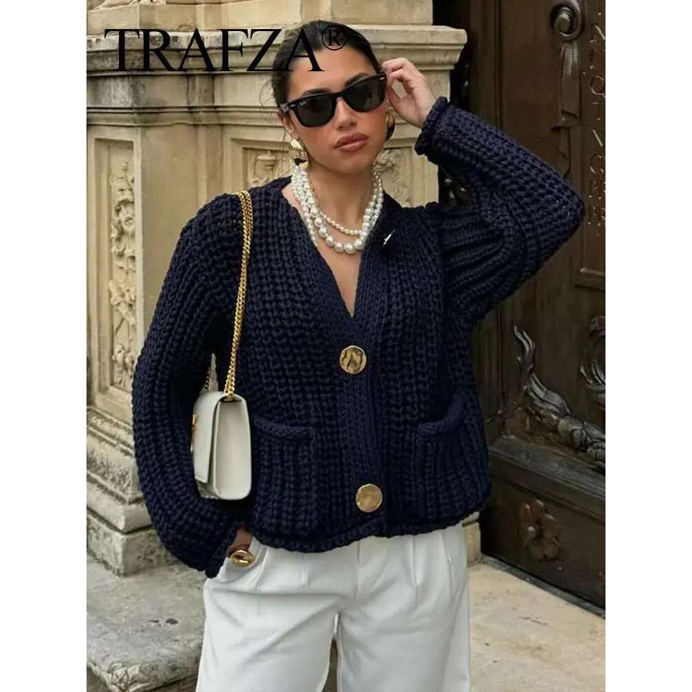 TRAFZA Autumn Knitted Cardigan For Women Casual Button O-Neck Long Sleeve Female Sweater Fashion Solid Loose Lady Cardigans