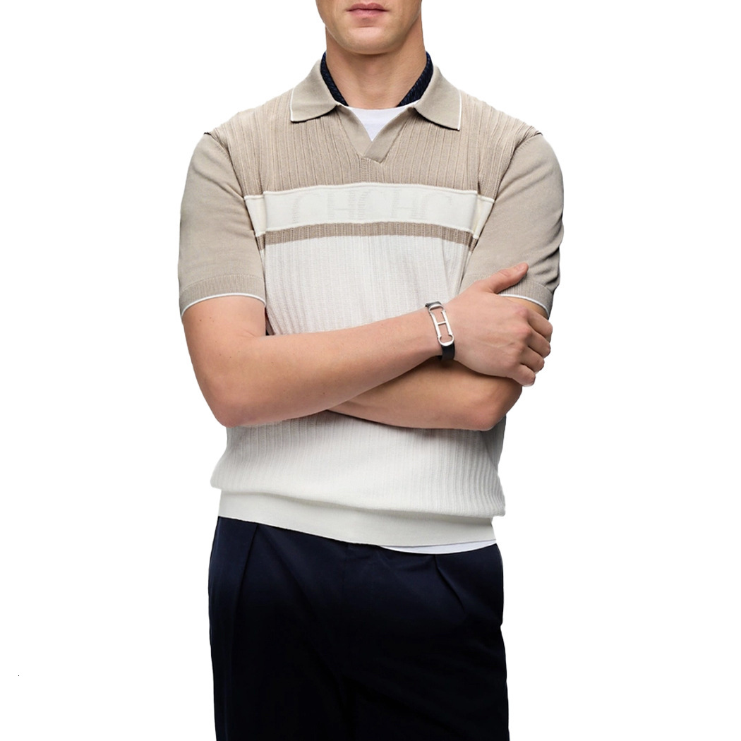 CHCH Men's Splicing Knitted 2025 New Spring/Summer Aging Reduction Collar Blue and White Strip Polo Shirt Short Sleeve Top