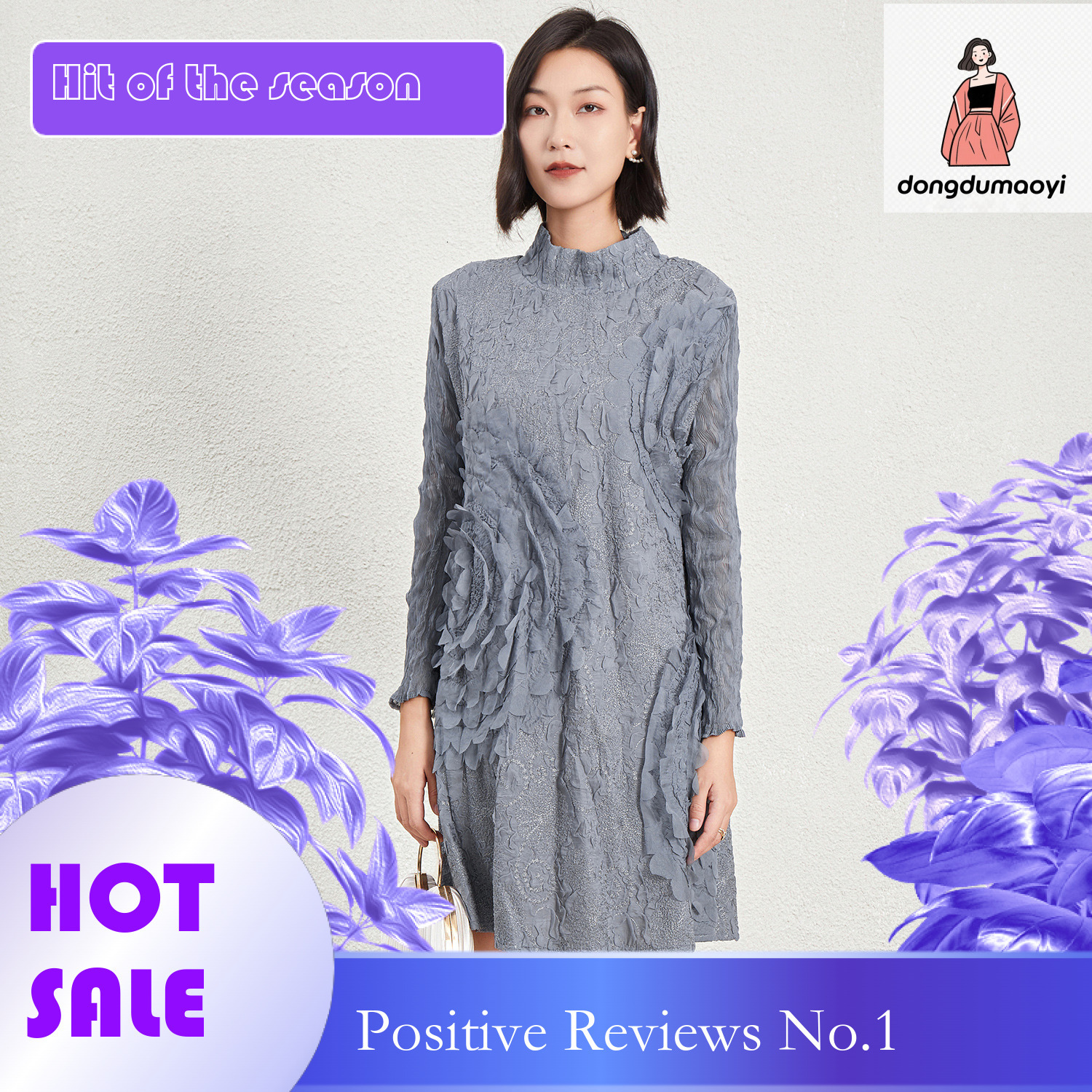 dongdumaoyi Miyake dress early autumn new loose socialite style long sleeved semi high neck mid skirt pullover embroidered large swing