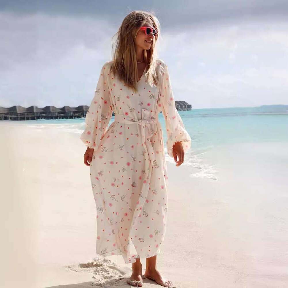 Women's Wear Chiffon New V-Neck Long Loose Waistband Printed Dress