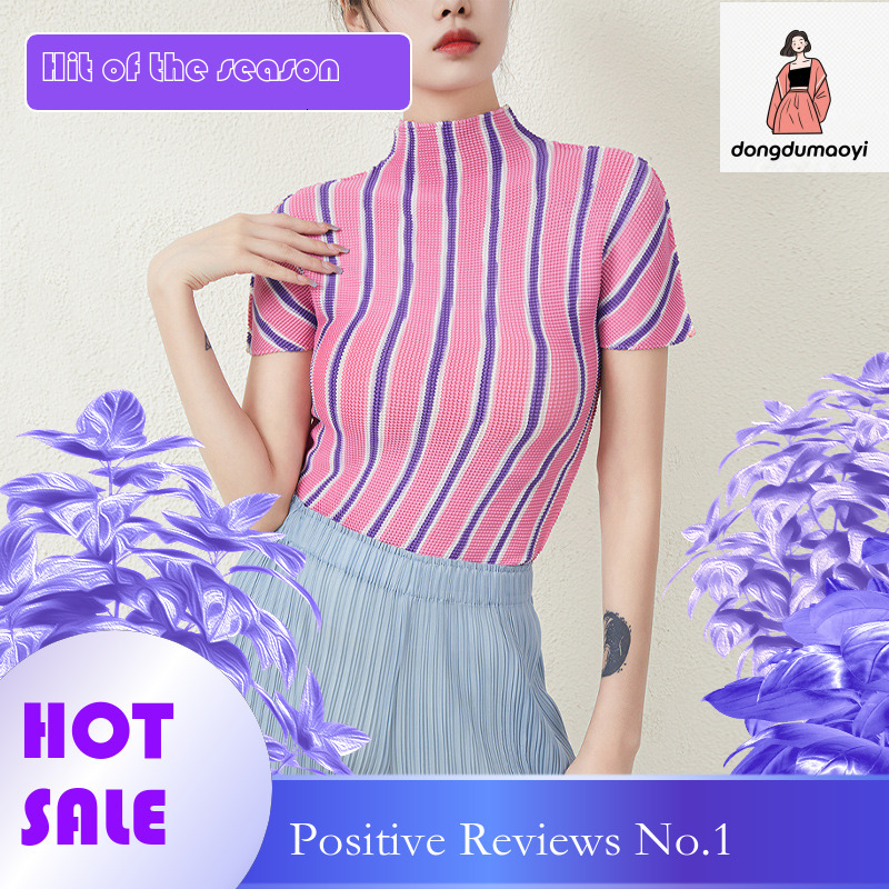 dongdumaoyi Wrinkled top women's 2024 summer new semi high neck slim fit and slimming chiffon versatile niche short sleeved T-shirt