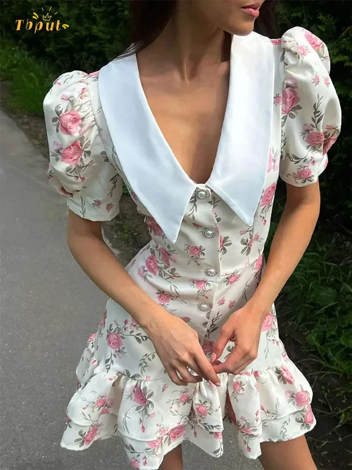 Flower Printed Lapel Mini Dress Women Casual Daily Short Sleeved V Neck Aline Fluffy Vestido Summer Holiday Robe 250514